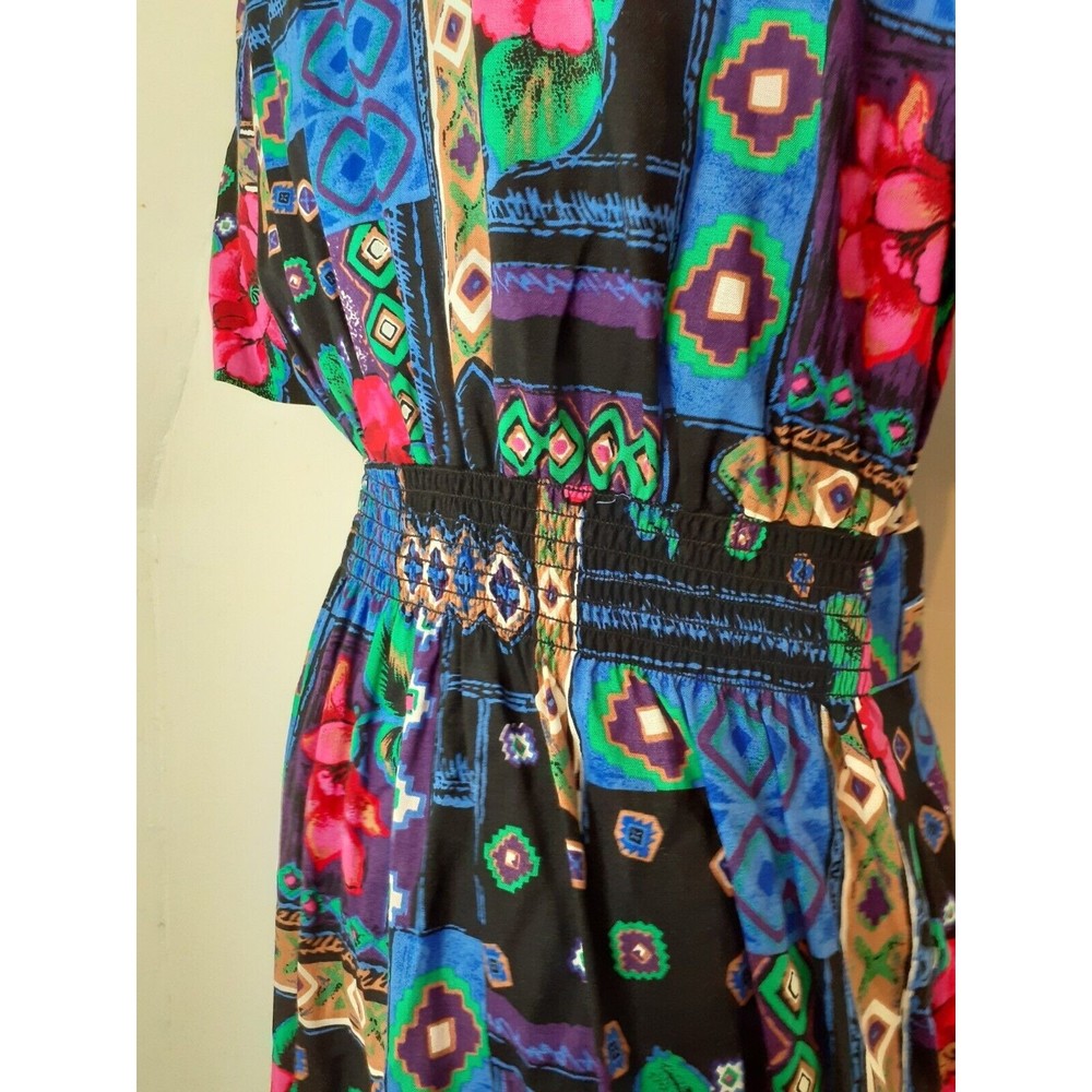 Vtg 80's Special Effects Midi Dress MP Black Floral Aztec Vibrant Smocked Rayon - Picture 4 of 13